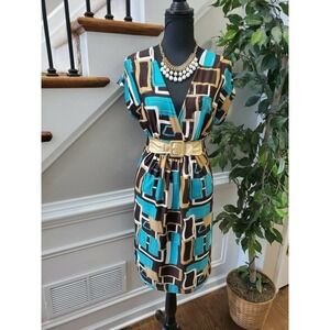 Sixteen Women Multicolor Polyester Short Sleeve V-Neck Knee Length Dress